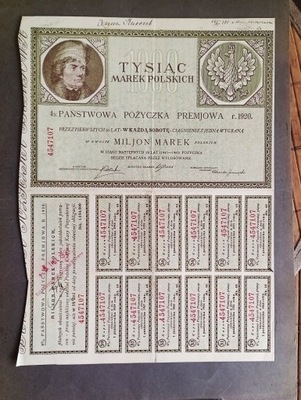 4% Państwowa Pożyczka Premiowa Tysiąc Marek Polskich 1920 komplet kuponów