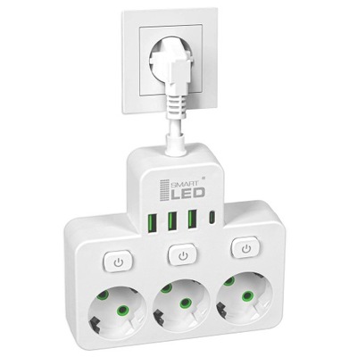 Przedłużacz Listwa Zasilająca Rozdzielacz Rozgałęźnik 3 Gniazda 230V 4x USB