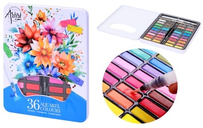 Farby akwarelowe akwarele 36 kolorów w kostkach wodne pędzelek pudełko