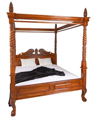Łóżko z Baldachimem Drewniane Mahoniowe Retro