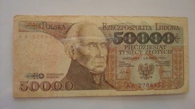 Banknot 50000 złotych 1989 seria AA stan 4