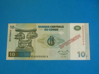 Kongo Banknot 10 Francs 1997 UNC P-87s SPECIMEN