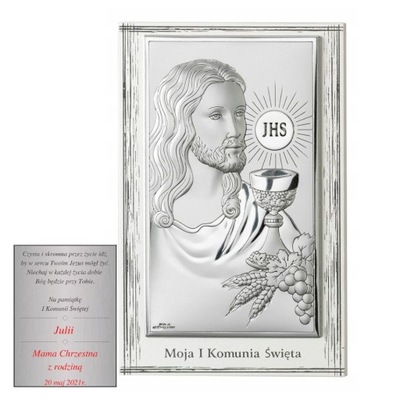 Obrazek srebrny Jezus Pamiątka I Komunii Świętej - 11,5x17,5 cm