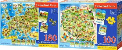 PUZZLE EDUKACYJNE 100 MAPA POLSKI + PUZZLE 180 MAPA EUROPY CASTORLAND 6+