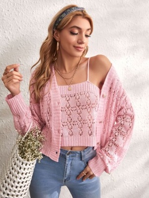 SHEIN SWETER Z GUZIKAMI RÓŻOWY Z TOPEM 40/42 V3A