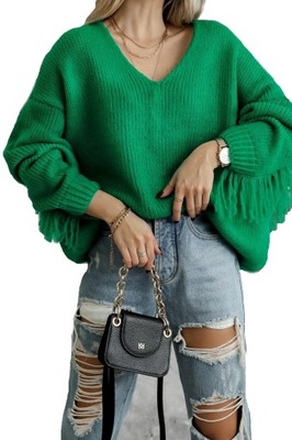 Sweter z frędzlami zielony Me Gusta