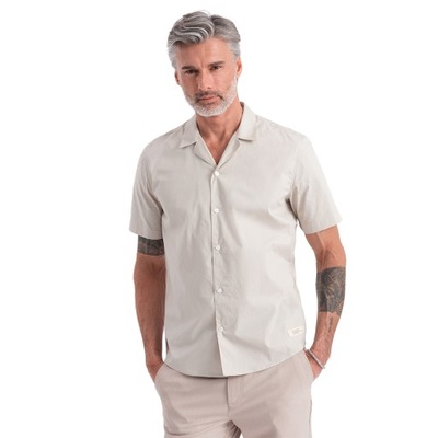 Męska koszula z krótkim rękawem kremowa V7 OM-SHSS-0168 L