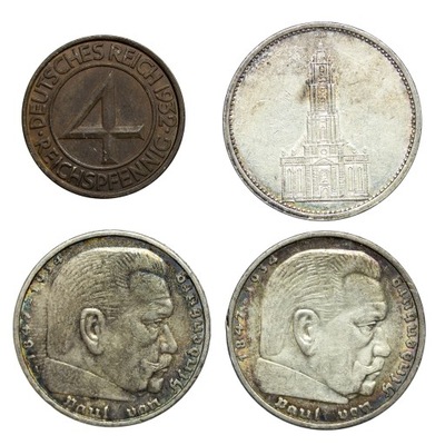 Niemcy, 4 fenigi 1932 J, 5 marek 1934-1936 A, zestaw 4 sztuki