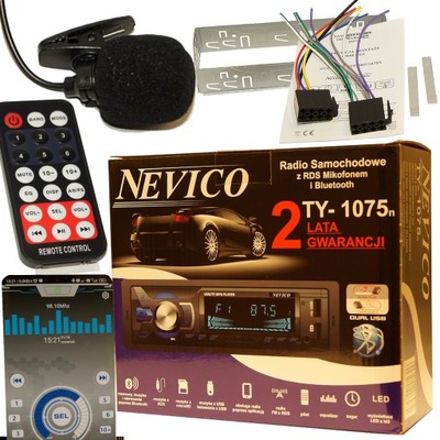 RADIO 1DIN Z ID3 BLUETOOTH 2XUSB SD FM APLIKACJA MIKROFONAS SOBWOOFER SPALVOS 