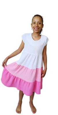 Sukienka dla dziewczynki muślinowa biało różowa LARYSA