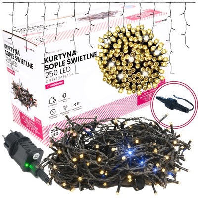 SOPLE 250 LED GĘSTE 10m LAMPKI ZEWNĘTRZNE CIEPŁE BIAŁE + FLASH TIMER