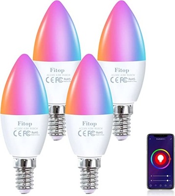 Inteligentne żarówki LED Fitop Alexa Google Home, Wi-Fi, E14, 4 Sztuki
