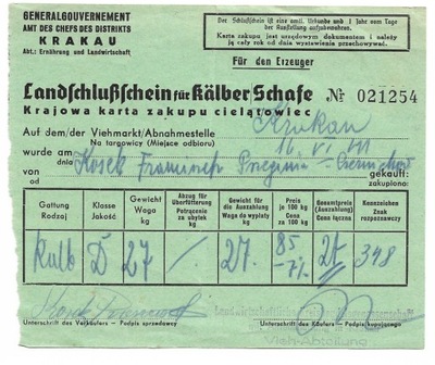 Karta Zakupu Zwierząt GG Kraków 1941