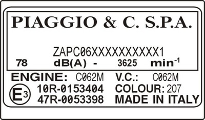 PIAGGIO - PLATE STICKER INFORMATION CODE  