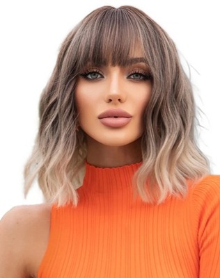 Peruka damska blond ombre sobre z grzywką bob do ramion syntetyczna A32a