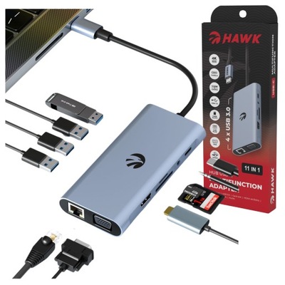 HUB ADAPTER USB-C PD 100W Hawk 11w1 ROZDZIELACZ 4xUSB 3.0 HDMI 4K RJ45 VGA