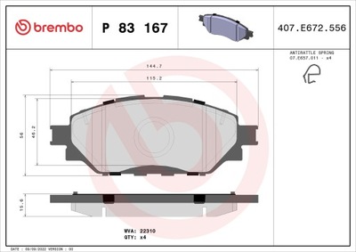 BREMBO P 83 167 КОМПЛЕКТ КОЛОДОК ТОРМОЗНЫХ, ТОРМОЗА TARCZOWE