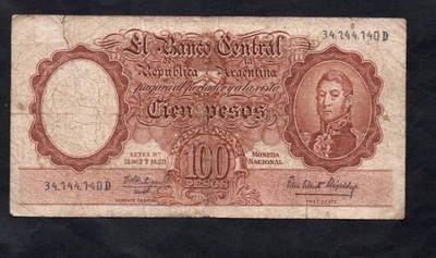 BANKNOT ARGENTYNA -- 100 PESOS -- 1967-1969 rok