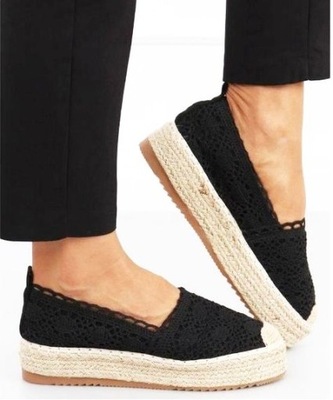 CZARNE ESPADRYLE BUTY BALERINY MOKASYNY Z JUTY 38