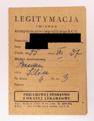 LEGITYMACJA SZCZEPIENIA PRZECIWGRUŹLICOWEGO l. 50