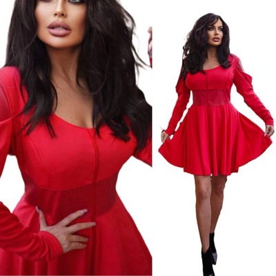 Sukienka dopasowana z dodatkami eko skorą czerwona s1 XL/2XL