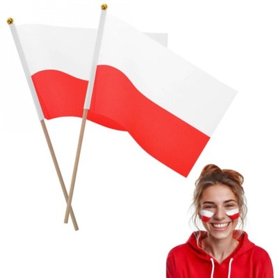 POLSKA FLAGA na patyczku BIAŁO-CZERWONA tkanina KONSTYTUCJA 3 MAJA mecz x2