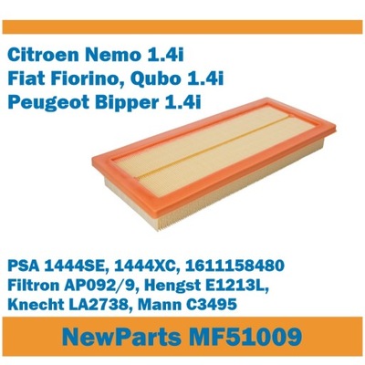 FILTRO AIRE MF51009 NEMO QUBO BIPPER 1.4I ZAM. FILTRON AP092/9  