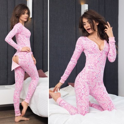 Piżama damska różowa kombinezon z klapką love XL