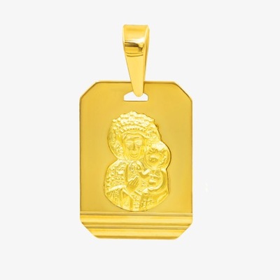 Złoty medalik prostokątny z wizerunkiem Matki Boskiej Częstochowskiej