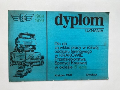 DYPLOM KRAKÓW 1978 PSK PRZEDSIĘBIORSTWO SPEDYCJI KRAJOWEJ