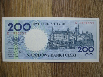 BANKNOT MIASTA POLSKIE 200 ZŁ. 1990 ROK KRAKÓW UNC