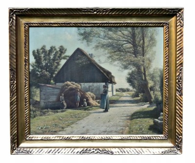 AXEL BIRKHAMMER (1874-1936) - SCENA Z BABCIĄ I DZIEĆMI NA WIOSCE