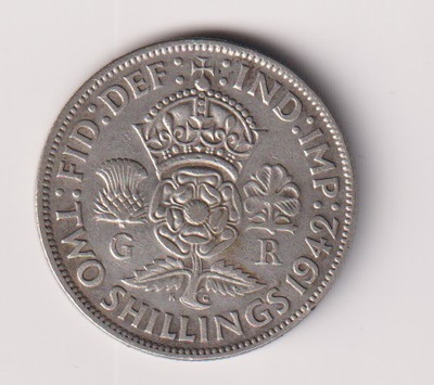 Anglia 2 shilling 1942 srebro ladny
