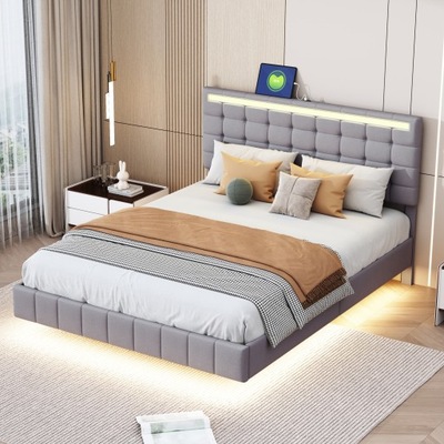 Łóżko tapicerowane 140x200 cm pływająca rama łóżka z oświetleniem LED