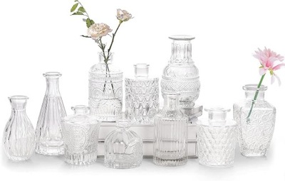 ZESTAW 10 SZKLANYCH ZDOBIONYCH MINI WAZONÓW NA WESELE DEKORACJA