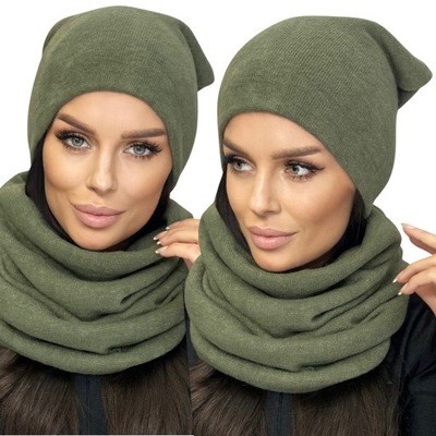 KOMPLET DAMSKI CZAPKA BEANIE KOMIN GOLF TUBA DUŻY ZESTAW CIEPŁY KHAKI