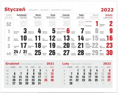 Kalendaria do kalendarzy jednodzielnych rok2022
