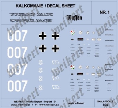 1:35 kalkomanie na czołg Tygrys - nr 007 Wittmann