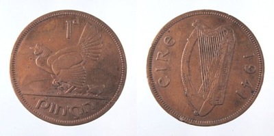 9308. IRLANDIA, 1 PENS 1941, śr. 30,9mm,