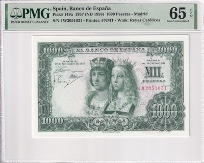 1000 Pesetas Hiszpania 1957 PMG 65 EPQ