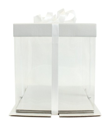 Pudełko na tort piętrowy wysokie eleganckie kartonowo plastikowe białe 30x30x40 cm