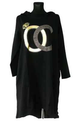 Czarna luźna sukienka długa bluza z kapturem i złotą aplikacją - 36 S