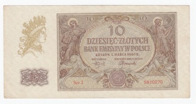 Banknot 10 zł 1940, seria J, st. 3+