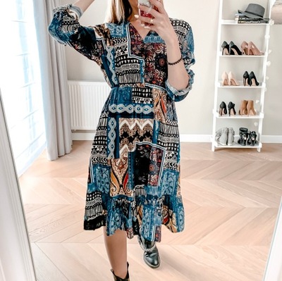 Sukienka midi dekolt rękaw wzory niebieska