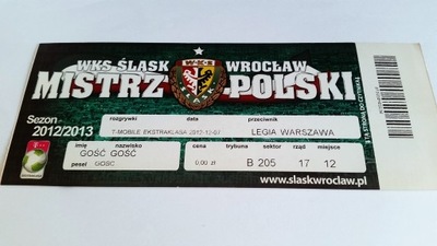 bilet ŚLĄSK Wrocław - LEGIA Warszawa 07.12.2012