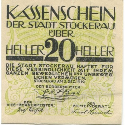 Banknot, Austria, Stockerau, 20 Heller, Texte 1920