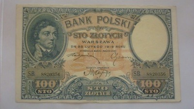 Banknot 100 złotych 1919 seria SB stan 3+