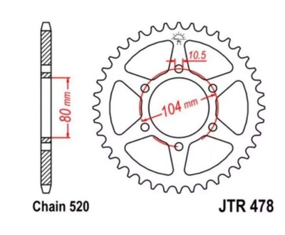 ЗУБЧАТКА ЗАДНЯ СТАЛЕВИЙ JT R478-46, 46Z, РОЗМІР 520