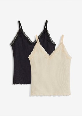 1O2I12 BONPRIX TOP W PRĄŻEK Z KORONKĄ BEŻOWY 52/54