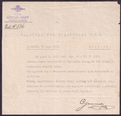 Legiony, Komenda Grupy dokument z autografem Pułkownika Grzesickiego 1915